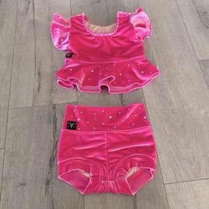 EUC Kandi Kouture CM velvet pink custom rhinestoned dance set.